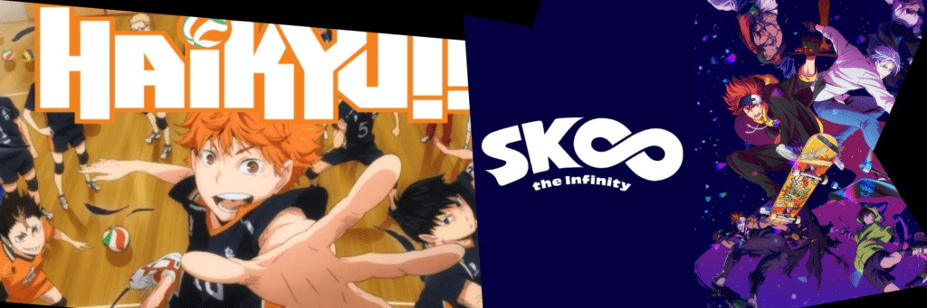promotional images of shoyo hinata, the main character of Haikyu with the text "Haikyu!!" written, as well as the text "Sk8 the Infinity" and images of the Sk8 characters.